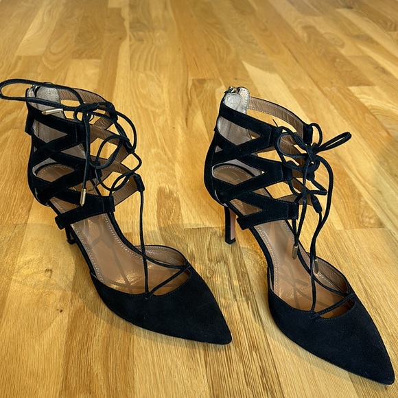 AQUAZZURA FIRENZE "Belgravia" 3" Pumps Lace Up Black Suede Size 37.5 US7 - Picture 3 of 6